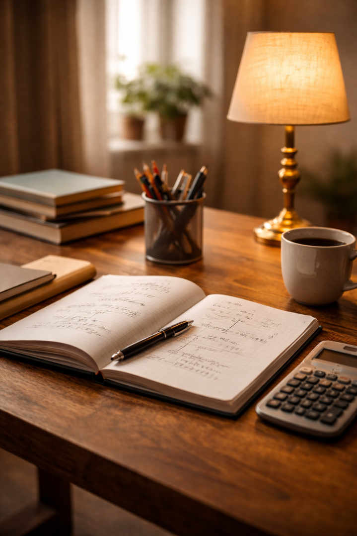 Schreibtischszene mit mathematischen Utensilien auf Schreibtisch aus Holz im häuslichen Umfeld