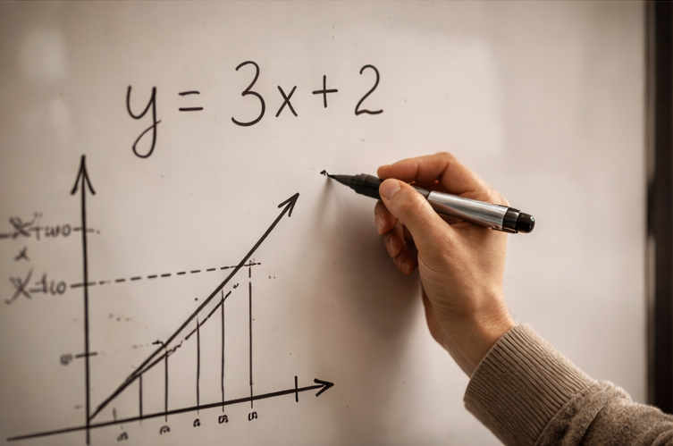 Ein Schüler löst auf einem Whiteboard neben einem gezeichneten Graphen eine mathematische Gleichung