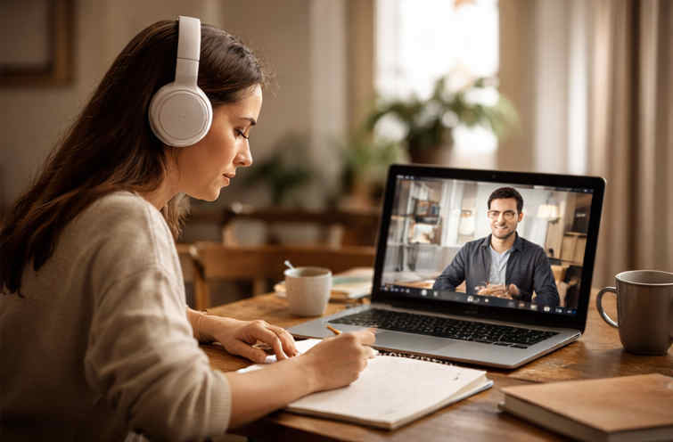 Eine Studentin lernt mit einem Mathematik Online Nachhilfelehrer Mathematik in häuslicher Atmosphäre