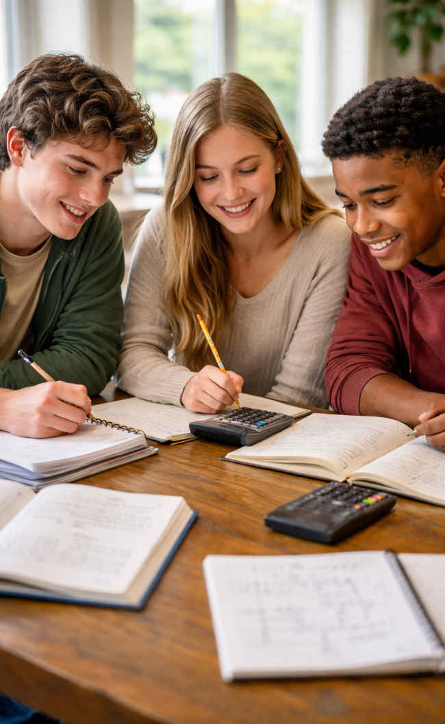 Oberstufenschüler*innen sitzen an einem Schreibtisch und lernen Mathematik in ungezwungener Atmosphäre