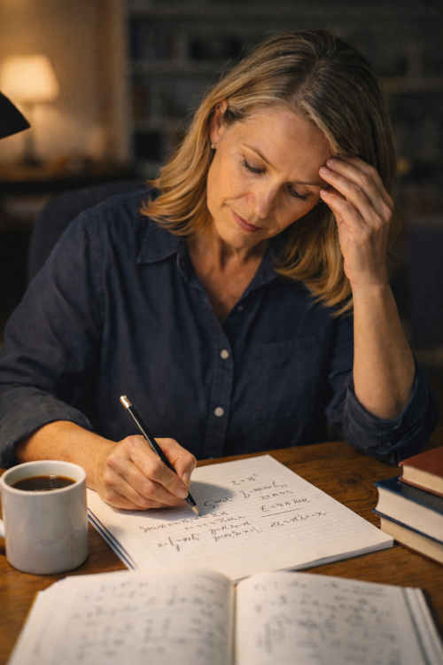 Eine Frau sitzt abends an ihrem Schreibtisch und lernt Mathematik