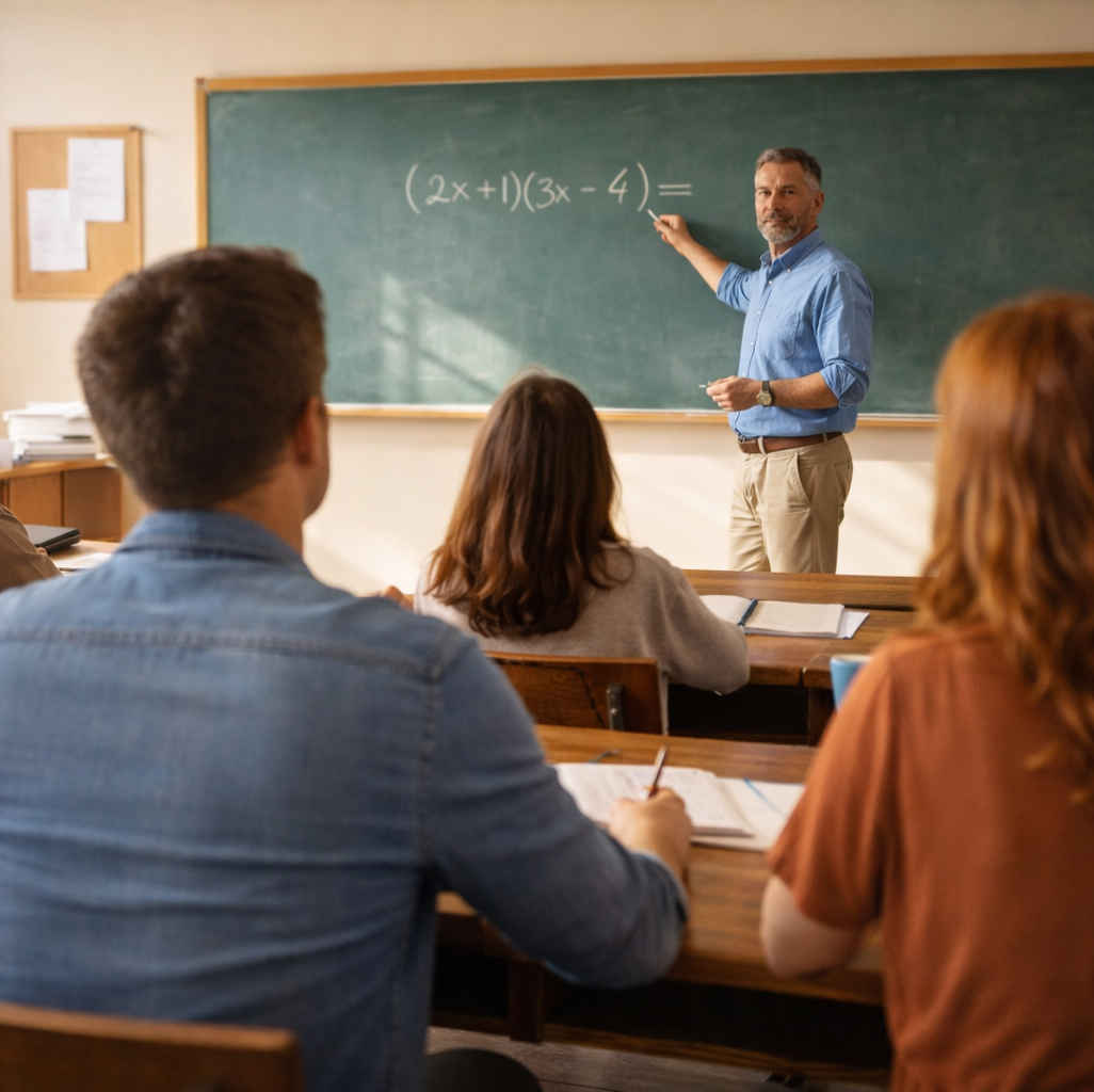 Eine Klasse einer Abendschule mit einem Lehrer vor der Tafel