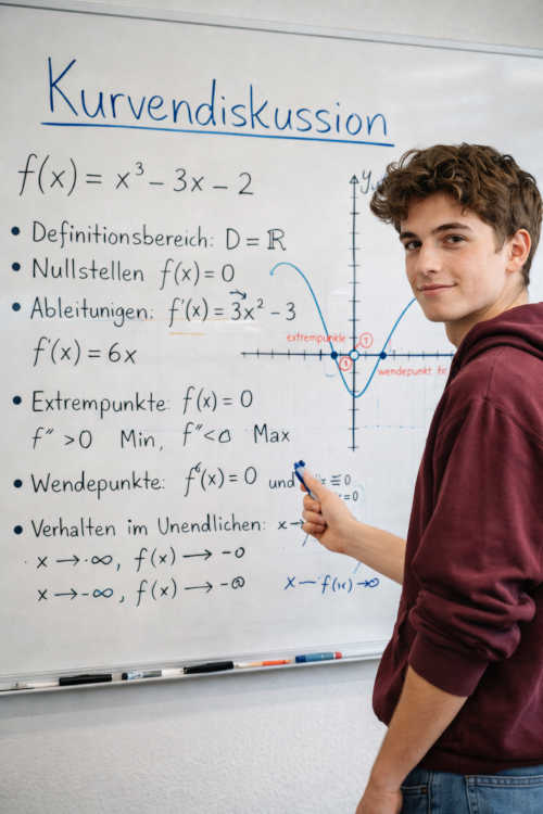 Ein Oberstufenschüler steht vor einem Whiteboard und rechnet eine Kurvendiskussion durch