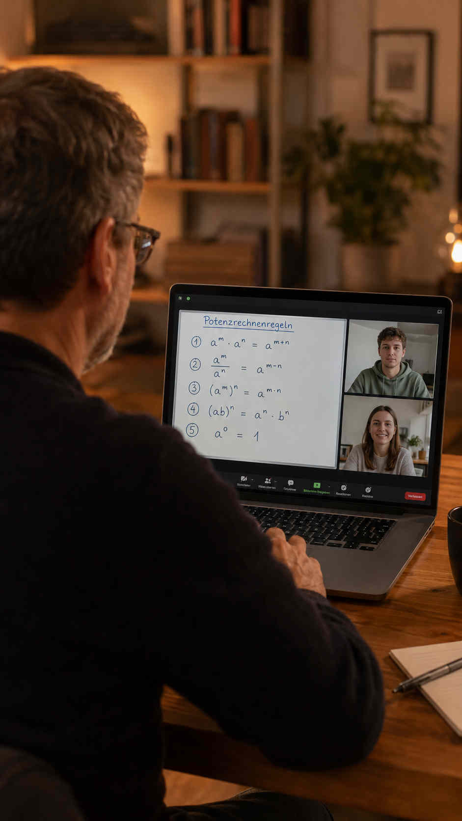 Online Mathe Coach zeigt Potenzrechenregeln vor erwachsenen Schuelern in einer Zoom Sitzung