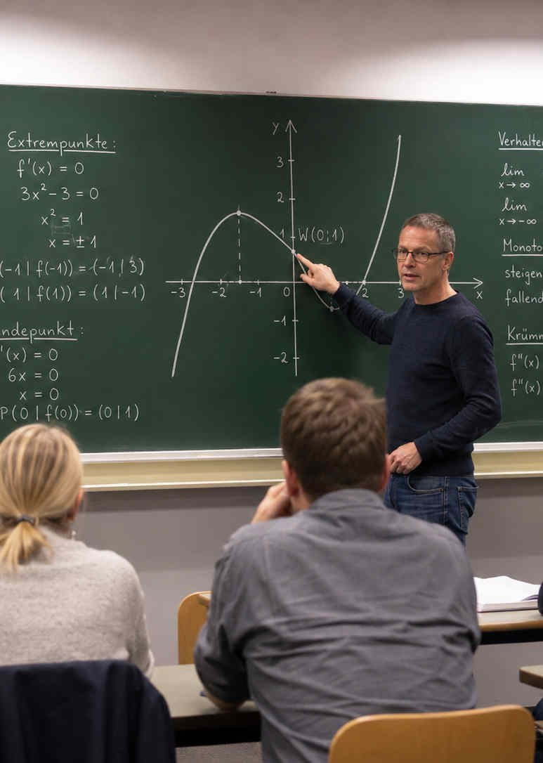 Mathe Coach erklaert Kurvendiskussion vor einigen erwachsenen Schuelern